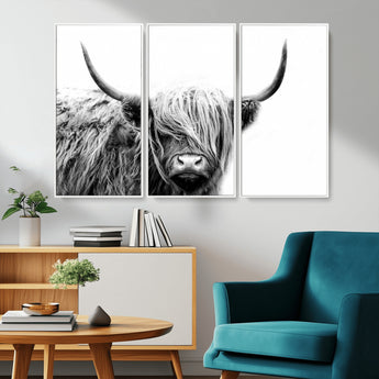 51957-MGV-CV-36X24-Highland Cow Wall Art – Black and White Scottish Highland Bull Canvas Print, Rustic Farmhouse Animal Decor for Living Room,
