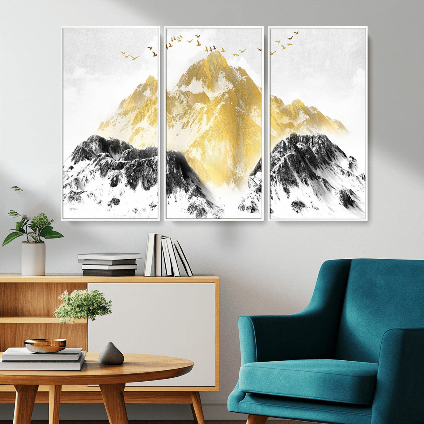 37733-MGV-CV-36X24-Golden Mountain Wall Art – Modern Abstract Landscape Canvas Print with Birds, Luxury Nature Decor for Living Room, Bedroom, or