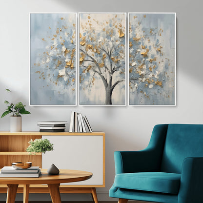 65811-MGV-CV-36X24-Abstract Tree Wall Art – Textured Canvas Painting with Gold and White Leaves, Modern Nature Inspired Decor for Living Room or