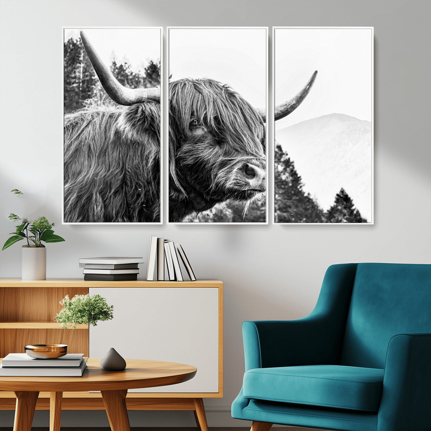 61570-MGV-CV-36X24-Highland Cow Wall Art – Black and White Scottish Bull Canvas Print, Rustic Farmhouse Animal Decor for Living Room, Bedroom, or