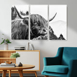 61570-MGV-CV-36X24-Highland Cow Wall Art – Black and White Scottish Bull Canvas Print, Rustic Farmhouse Animal Decor for Living Room, Bedroom, or