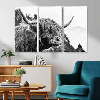 61570-MGV-CV-36X24-Highland Cow Wall Art – Black and White Scottish Bull Canvas Print, Rustic Farmhouse Animal Decor for Living Room, Bedroom, or