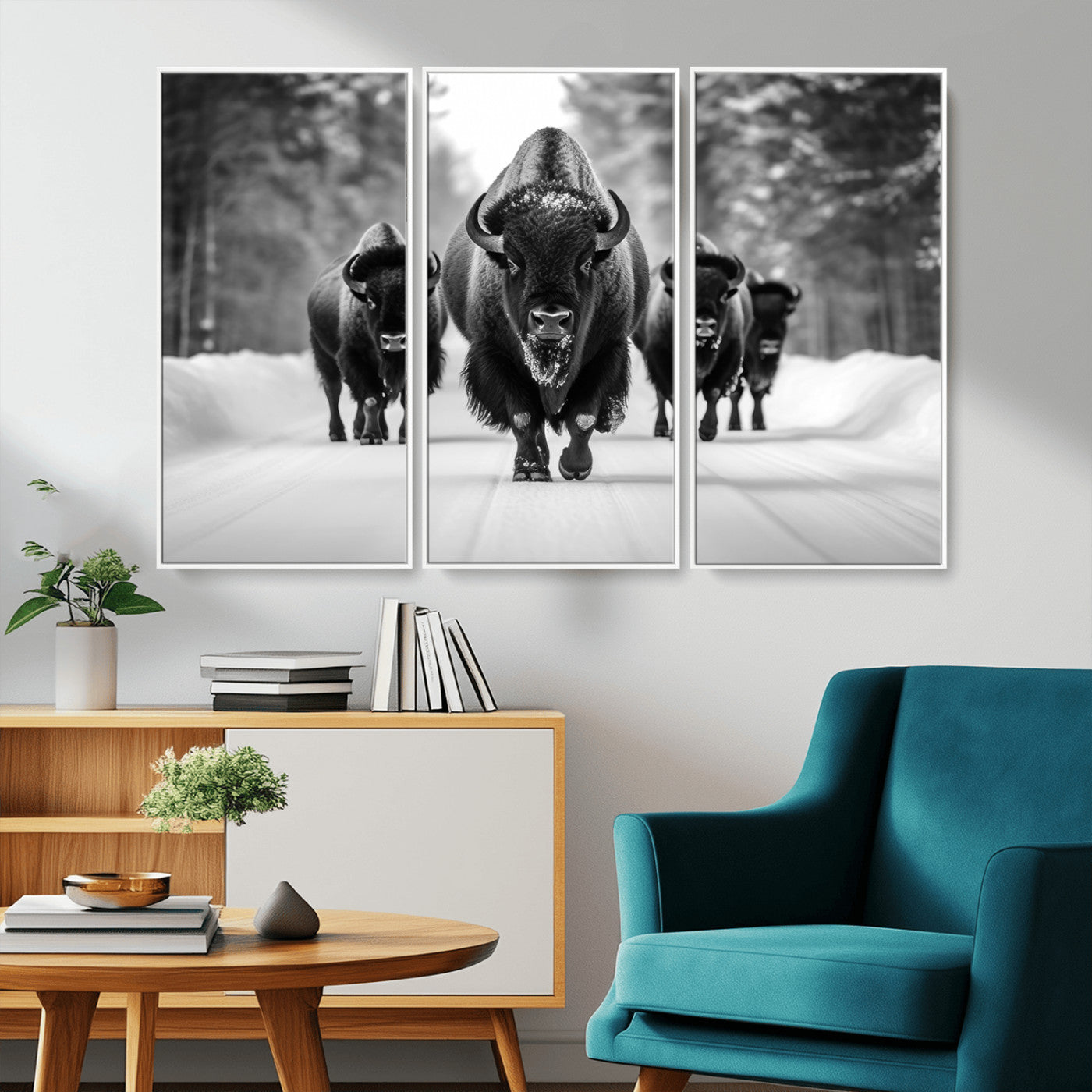 45287-MGV-CV-36X24-Bison Herd Wall Art – Black and White Buffalo Snow Road Canvas Print, Rustic Wildlife Decor for Cabin, Lodge or Living Room