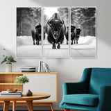 45287-MGV-CV-36X24-Bison Herd Wall Art – Black and White Buffalo Snow Road Canvas Print, Rustic Wildlife Decor for Cabin, Lodge or Living Room