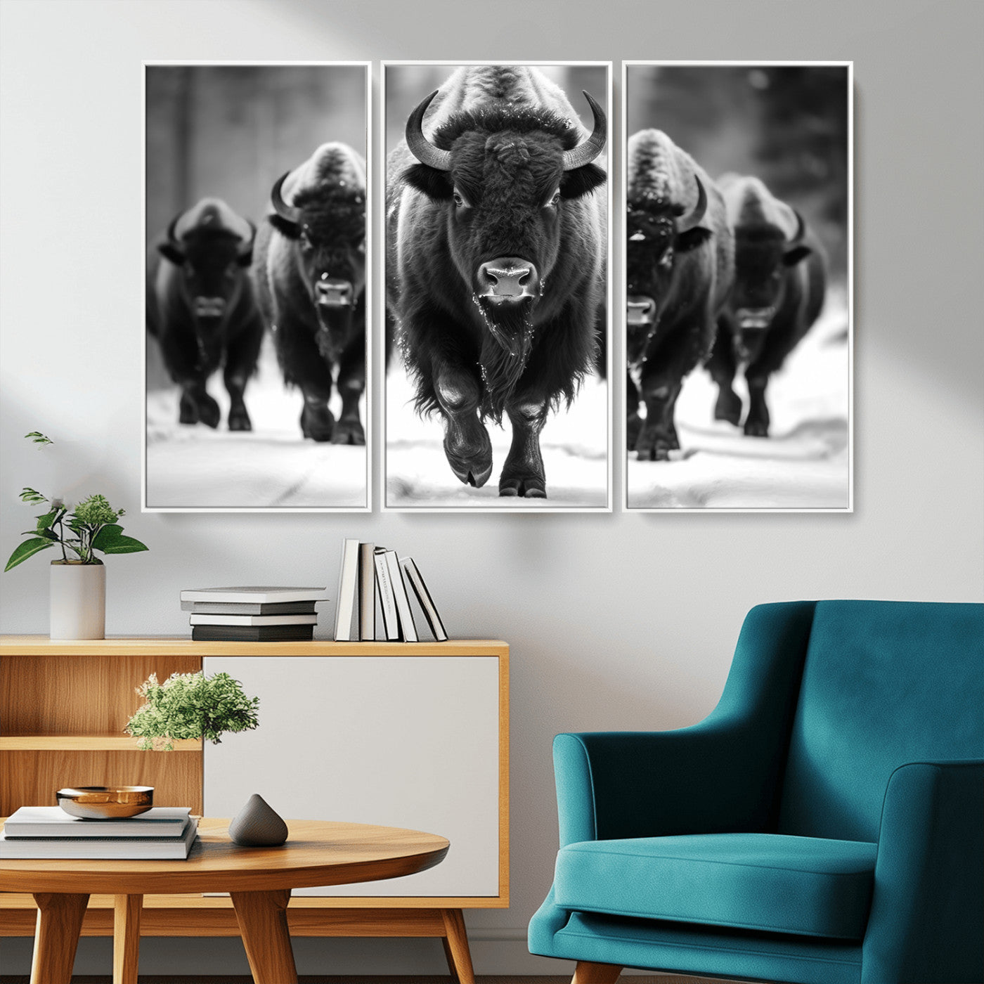 79872-MGV-CV-36X24-Bison Herd Wall Art – Black and White Buffalo on Snow Canvas Print, Rustic Wildlife Decor for Lodge, Cabin, or Living Room
