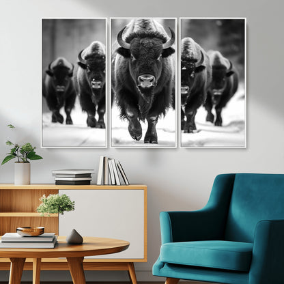 79872-MGV-CV-36X24-Bison Herd Wall Art – Black and White Buffalo on Snow Canvas Print, Rustic Wildlife Decor for Lodge, Cabin, or Living Room