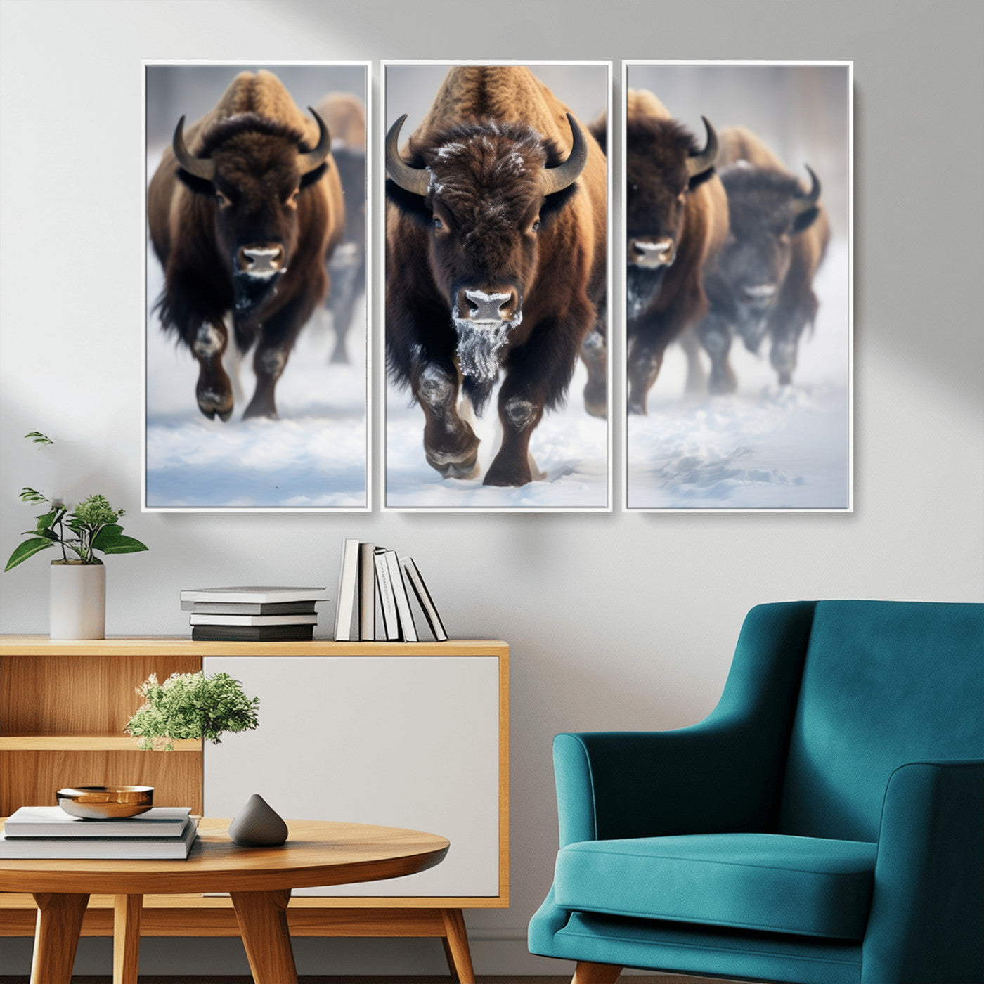 80512-MGV-FC-48X32-3P_White-Bison Herd Wall Art – Buffalo Running in Snow Canvas Print, Rustic Wildlife Photography Decor for Cabin, Lodge, or Living Room