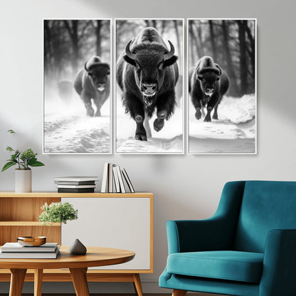 97552-MGV-CV-36X24-Black and White Bison Wall Art – Buffalo Herd Running in Snow Canvas Print, Rustic Wildlife Photography Decor for Cabin, Lodge, or