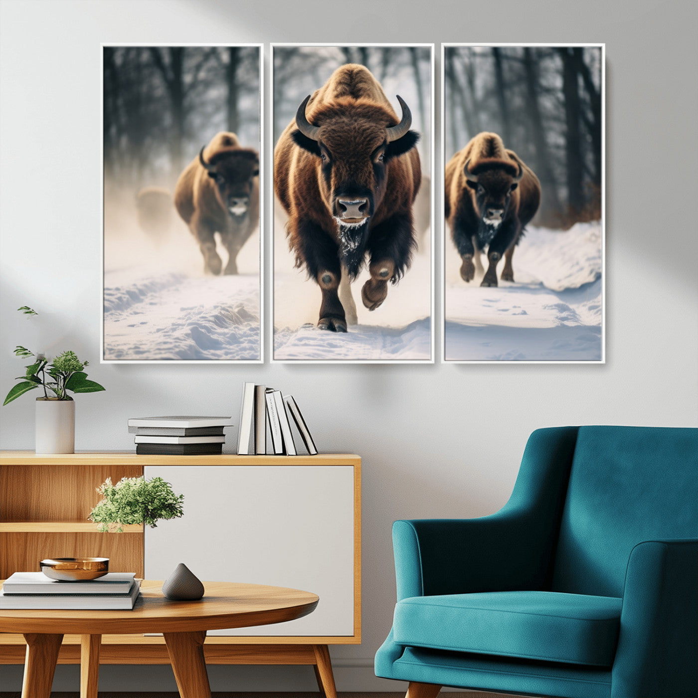 56549-MGV-CV-36X24-Wild Bison Wall Art – Majestic Buffalo Herd Running in Snow Canvas Print, Rustic Wildlife Photography Decor for Cabin, Lodge, or