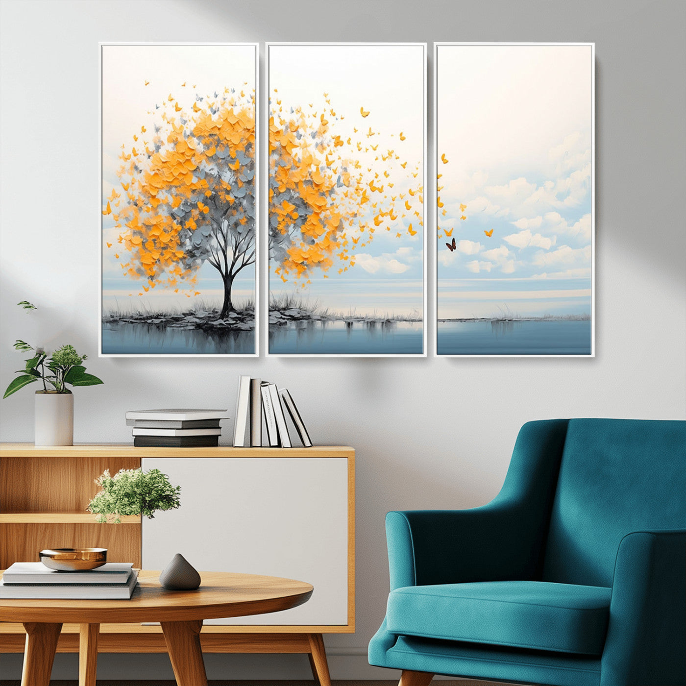 23385-MGV-CV-36X24-Golden Butterfly Tree Wall Art – Abstract Yellow and Gray Canvas Print, Modern Nature Artwork for Living Room, Bedroom or Office