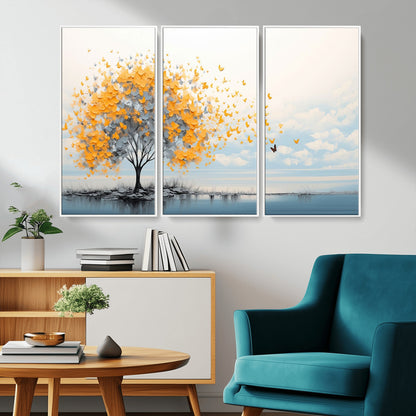 23385-MGV-CV-36X24-Golden Butterfly Tree Wall Art – Abstract Yellow and Gray Canvas Print, Modern Nature Artwork for Living Room, Bedroom or Office