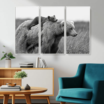 76338-MGV-CV-36X24-Mother Bear and Cub Wall Art – Black and White Wildlife Canvas Print, Rustic Nature Photography for Cabin, Living Room or Office
