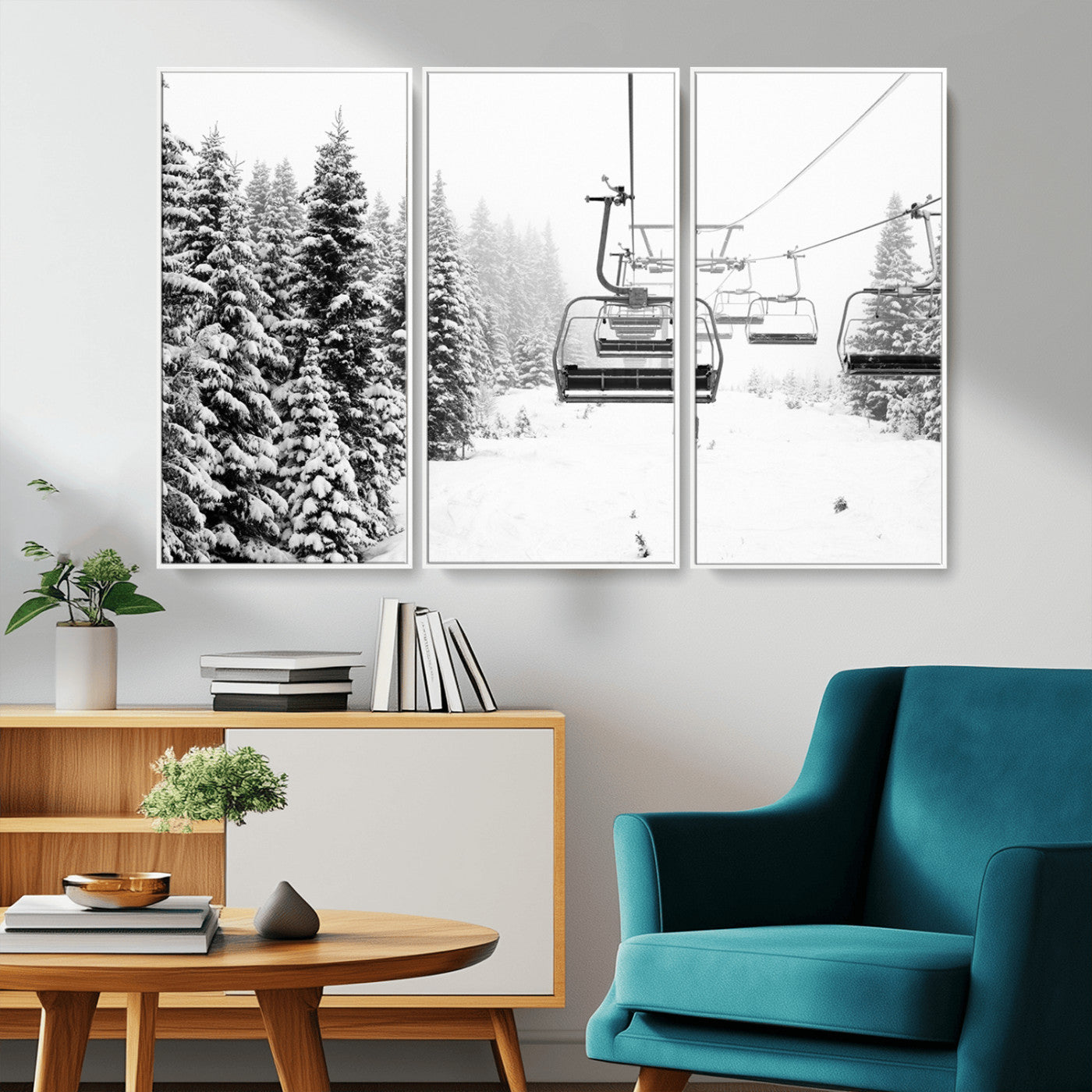 70609-MGV-CV-36X24-Snowy Ski Lift Wall Art – Black and White Winter Mountain Landscape Canvas Print, Rustic Lodge Decor for Cabin, Living Room or