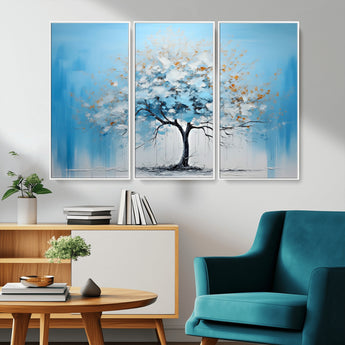 25021-MGV-CV-36X24-Abstract Tree Wall Art – Blue and White Canvas Painting with Gold Accents, Modern Nature-Inspired Artwork for Living Room, Bedroom