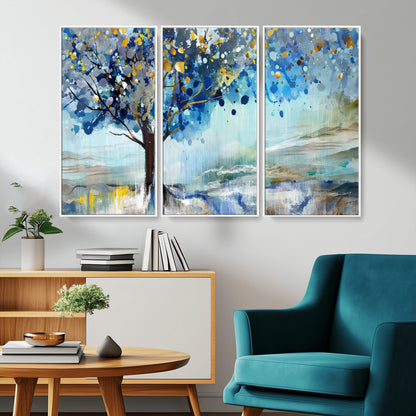 17018-MGV-CV-36X24-Abstract Blue Tree Wall Art – Colorful Canvas Painting with Gold and Silver Accents, Modern Nature Artwork for Living Room,