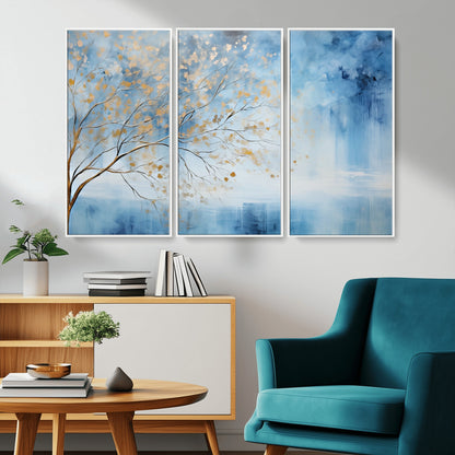 23891-MGV-CV-36X24-Abstract Tree Wall Art – Minimalist Blue and Gold Canvas Painting, Elegant Nature-Inspired Artwork for Living Room, Bedroom or