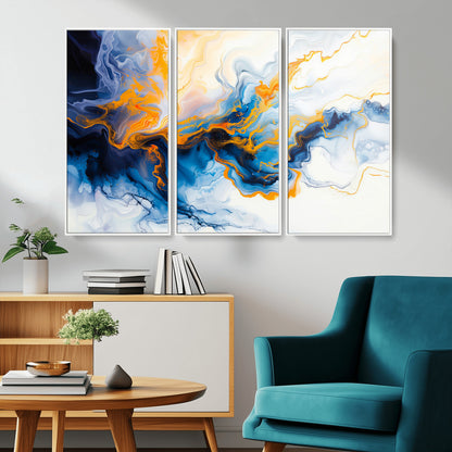 83720-MGV-CV-36X24-Abstract Fluid Wall Art – Blue, White and Gold Swirl Canvas Painting, Modern Contemporary Artwork for Living Room, Bedroom or