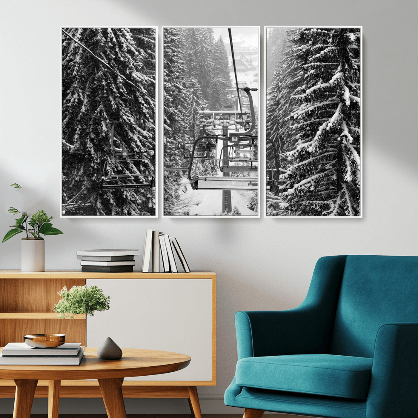 19240-MGV-CV-36X24-Ski Lift Wall Art – Black and White Winter Mountain Canvas Print, Snowy Forest Ski Resort Photography for Cabin, Lodge, Office or