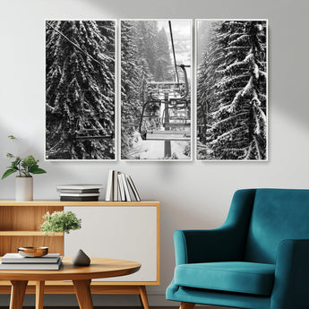 19240-MGV-CV-36X24-Ski Lift Wall Art – Black and White Winter Mountain Canvas Print, Snowy Forest Ski Resort Photography for Cabin, Lodge, Office or