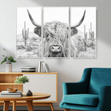 94579-MGV-CV-36X24-Highland Cow Wall Art – Black and White Longhorn Canvas Print, Rustic Western Farmhouse Animal Photography for Living Room,