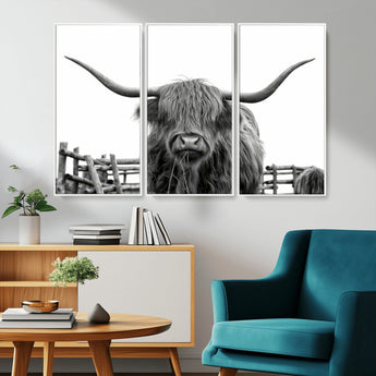 58188-MGV-CV-36X24-Highland Cow Wall Art – Black and White Rustic Farmhouse Canvas Print, Longhorn Cattle Photography Decor for Living Room or