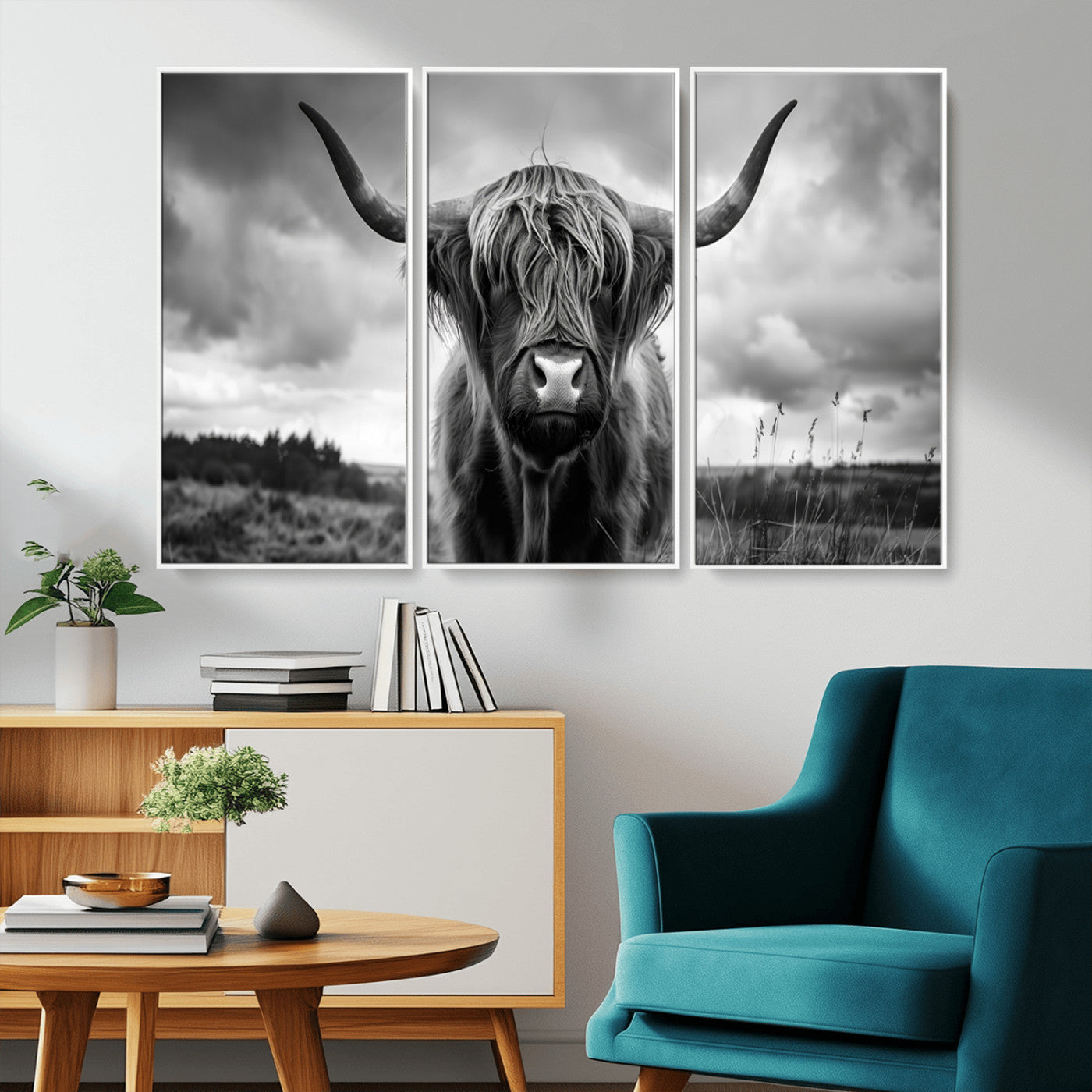 17924-MGV-CV-36X24-Highland Cow Wall Art – Black and White Rustic Longhorn Cattle Canvas Print, Farmhouse Animal Photography Decor for Country Home
