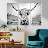 80564-MGV-FC-48X32-3P_White-Highland Cow Wall Art – Black and White Scottish Highland Canvas Print, Rustic Farmhouse Decor for Living Room, Bedroom or Office