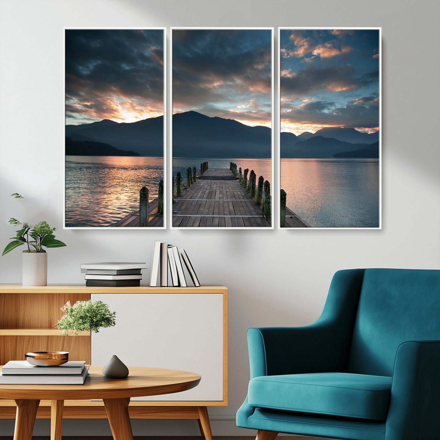 20442-MGV-FC-48X32-3P_White-Lakeside Sunset Dock Wall Art – Peaceful Mountain Lake Canvas Print, Serene Nature Landscape Decor for Living Room, Bedroom or