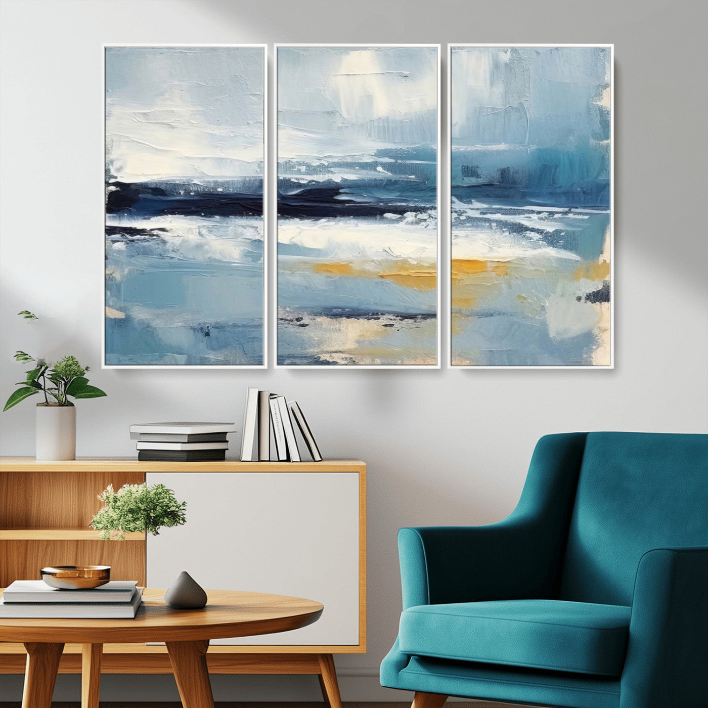 19746-MGV-FC-48X32-3P_White-Abstract Ocean Wall Art – Modern Coastal Canvas Print with Blue, White and Gold Textures, Contemporary Seascape Painting for