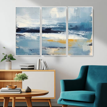 19746-MGV-FC-48X32-3P_White-Abstract Ocean Wall Art – Modern Coastal Canvas Print with Blue, White and Gold Textures, Contemporary Seascape Painting for