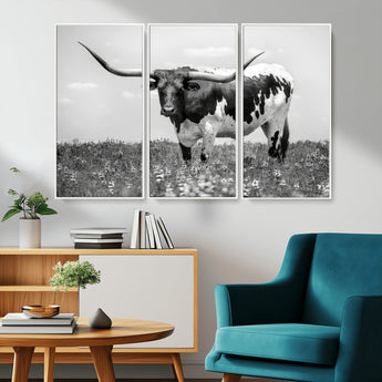 94709-MGV-CV-36X24-Texas Longhorn Wall Art – Black and White Bull Photography Canvas Print, Western Farmhouse Wall Decor for Living Room, Office or