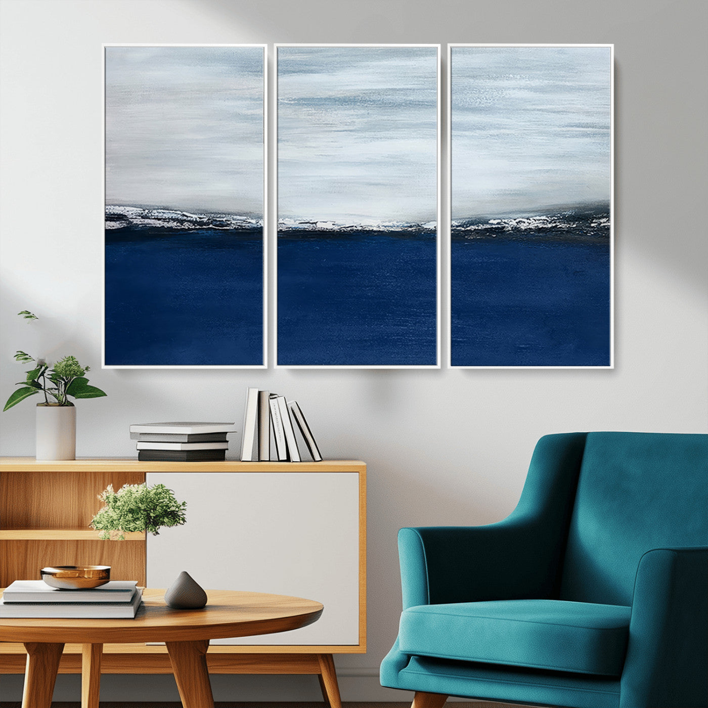 62197-MGV-CV-36X24-Abstract Ocean Wall Art – Minimalist Blue and White Canvas Print, Modern Coastal Seascape Painting for Bedroom, Living Room or