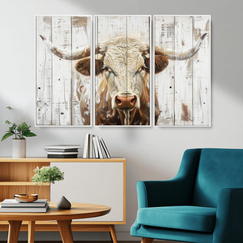 71551-MGV-CV-36X24-Longhorn Bull Wall Art – Rustic Western Cow Canvas Print, Farmhouse Animal Painting with Wood Plank Style for Living Room, Office