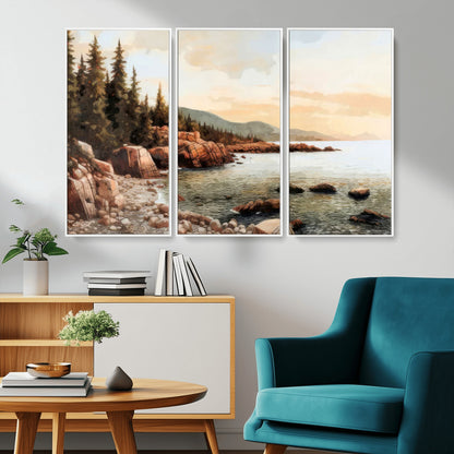 77145-MGV-CV-36X24-Coastal Landscape Wall Art – Panoramic Rocky Shoreline and Pine Trees Canvas Print, Rustic Nature Decor for Cabin, Lodge, Office,