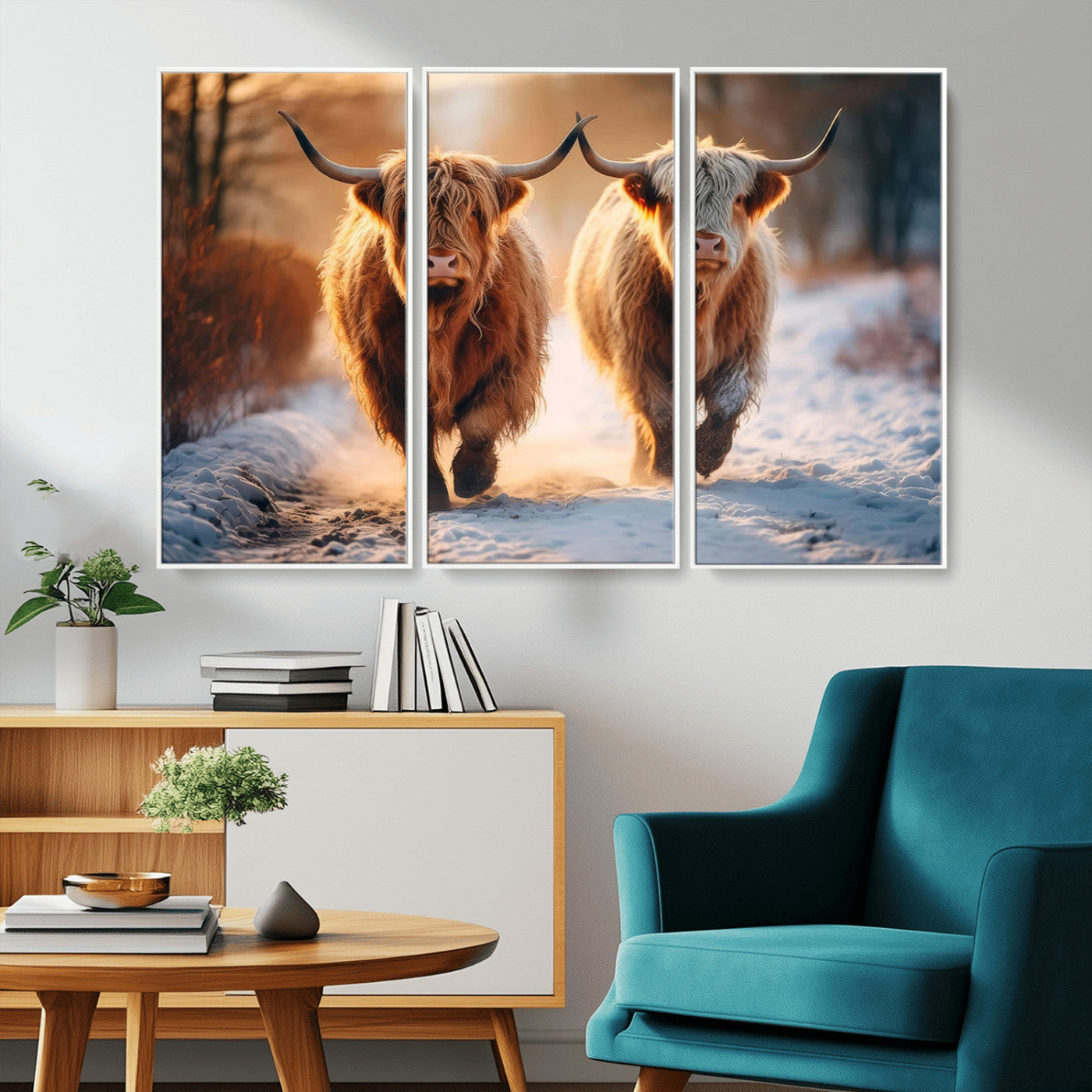 50490-MGV-CV-36X24-Highland Cow Wall Art – Rustic Panoramic Canvas Print Two Cattle Snowy Landscape, Farmhouse Country Decor for Living Room Office