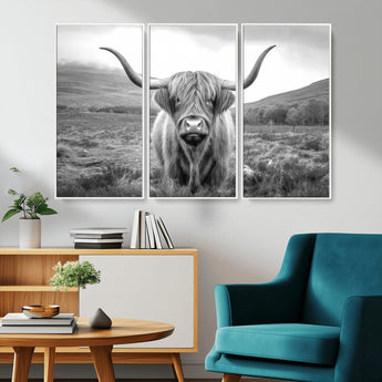 52903-MGV-CV-36X24-Highland Cow Wall Art – Black and White Canvas Print Rustic Cattle Portrait, Farmhouse Country Decor for Living Room, Office,