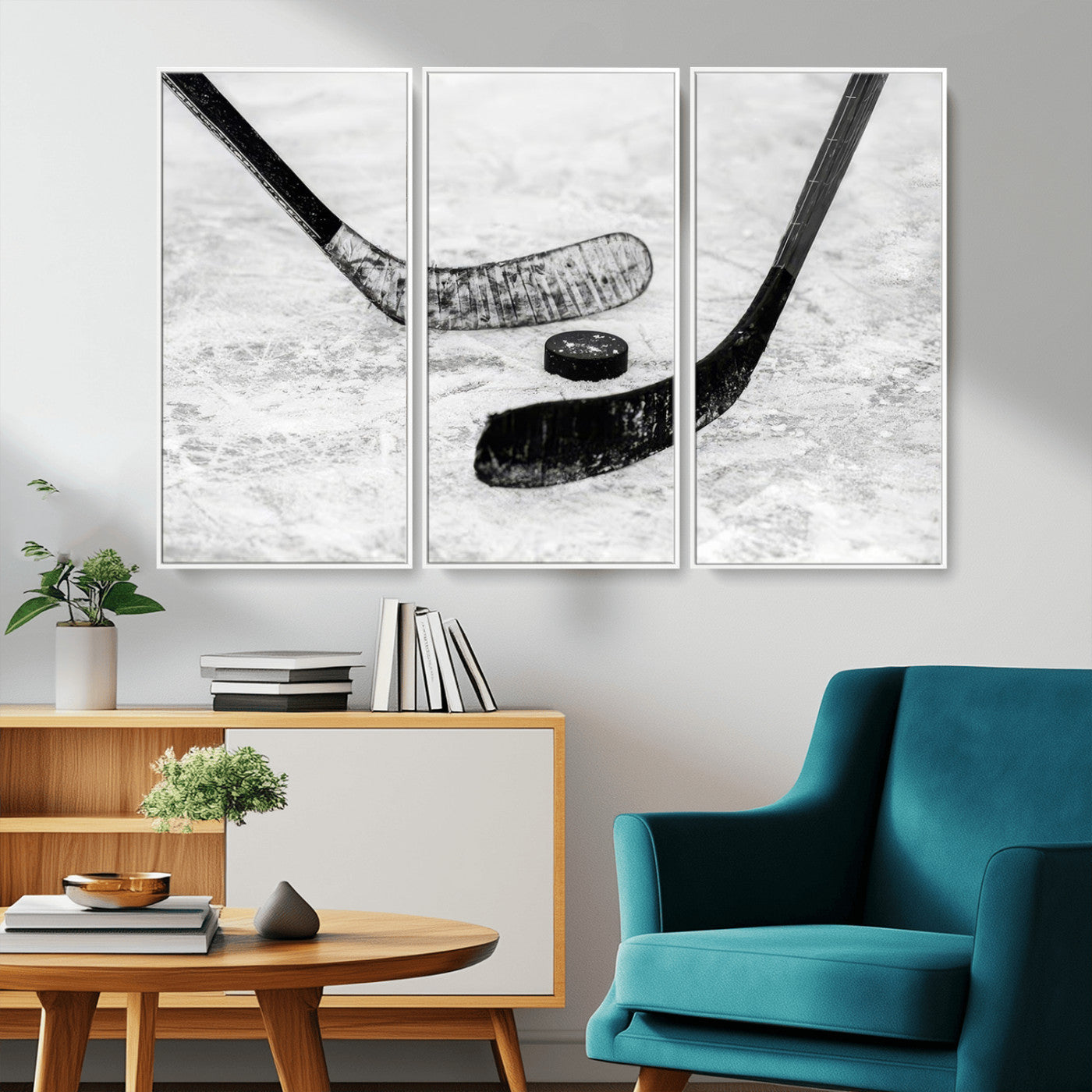 82900-MGV-CV-36X24-Hockey Wall Art – Black and White Canvas Print Ice Rink Sticks Puck Sports Photography, Modern Decor for Game Room, Man Cave,