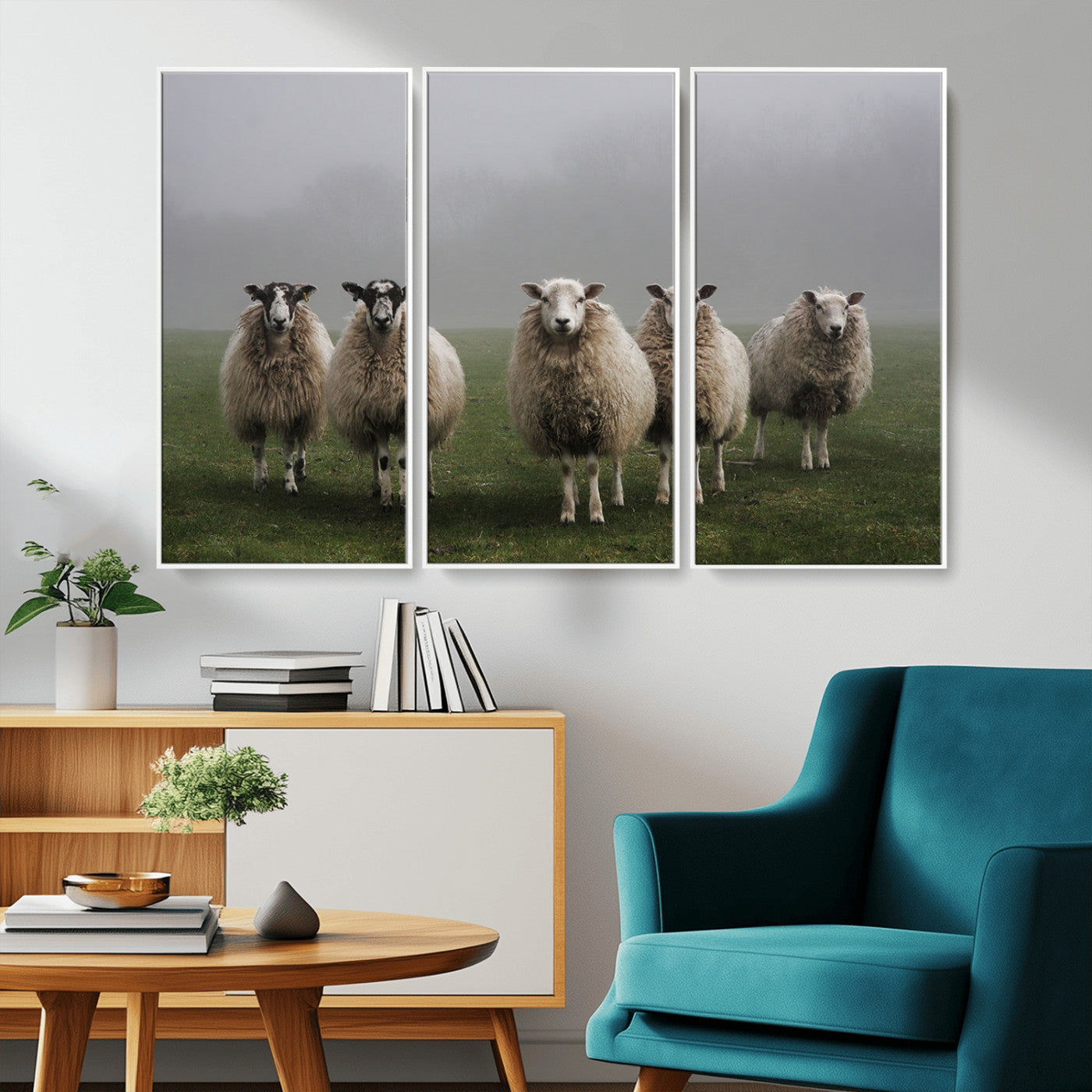 87339-MGV-CV-36X24-Sheep Wall Art – Rustic Farmhouse Canvas Print Flock Standing Misty Field Countryside Photography, Country Animal Decor for Living