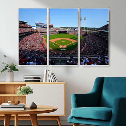 90998-MGV-CV-36X24-Baseball Stadium Wall Art – Canvas Print Day Game Field Packed Crowd Bright Blue Sky Sports Photography, Classic Decor for Game
