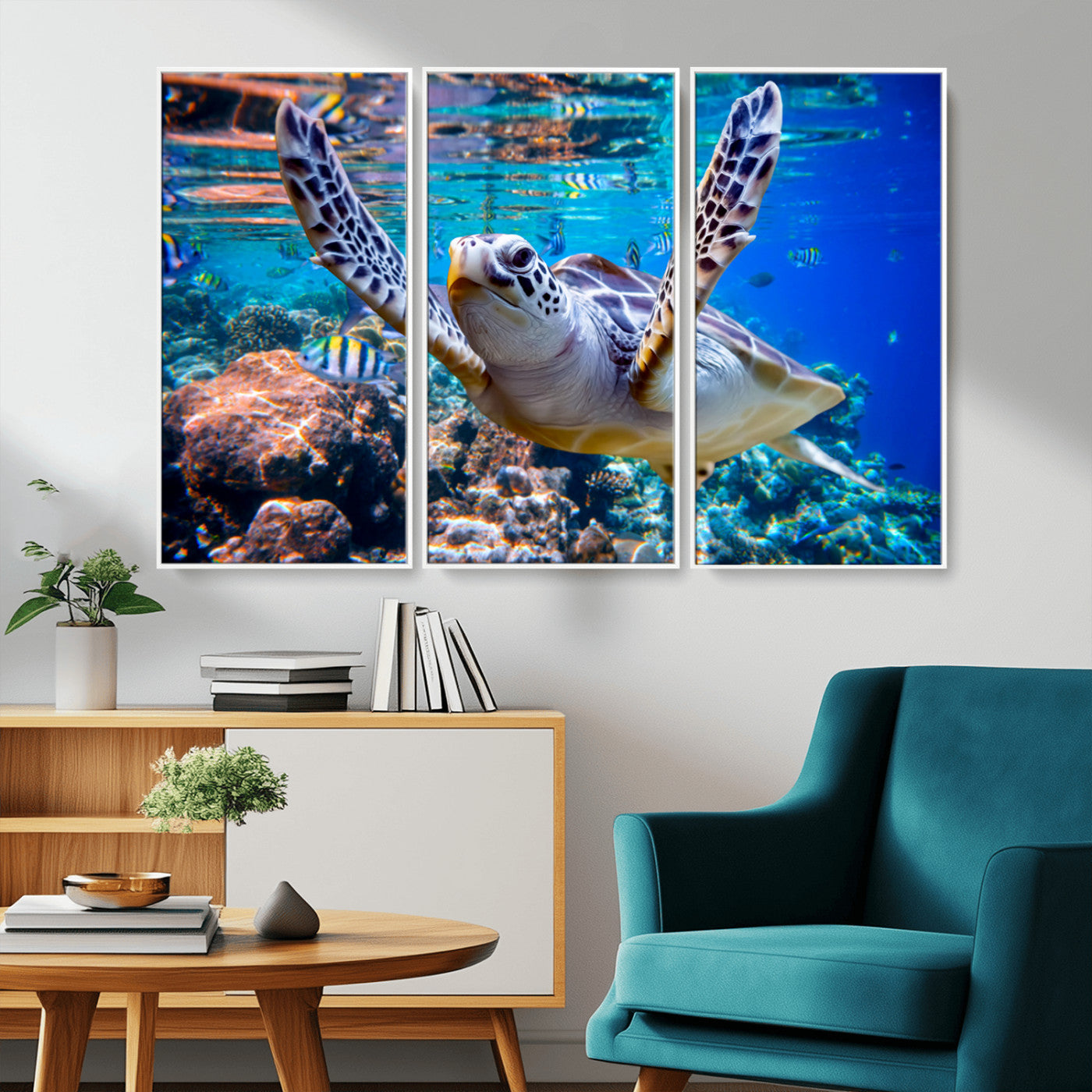 12683-MGV-CV-36X24-Sea Turtle Wall Art – Graceful Ocean Canvas Print with Coral Reef and Tropical Fish, Coastal Marine Life Decor for Beach House,