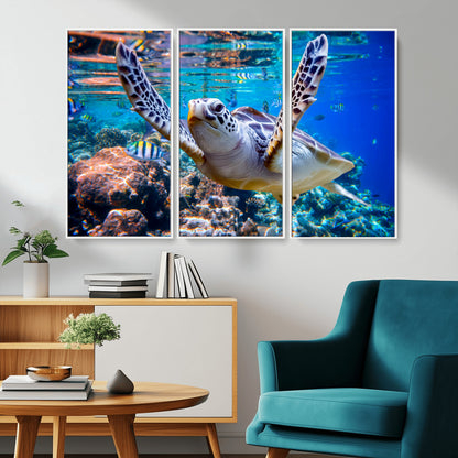 12683-MGV-CV-36X24-Sea Turtle Wall Art – Graceful Ocean Canvas Print with Coral Reef and Tropical Fish, Coastal Marine Life Decor for Beach House,
