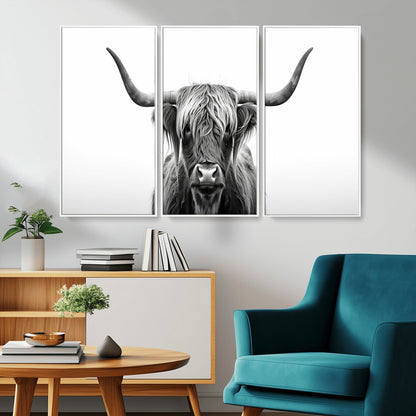 49556-MGV-CV-36X24-Highland Cow Wall Art – Black and White Scottish Highland Cattle Print, Rustic Farmhouse Minimalist Animal Portrait Canvas for