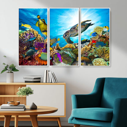 44772-MGV-CV-36X24-Underwater Sea Turtle Wall Art – Vibrant Coral Reef and Tropical Fish Canvas Print, Ocean Marine Life Decor for Living Room,