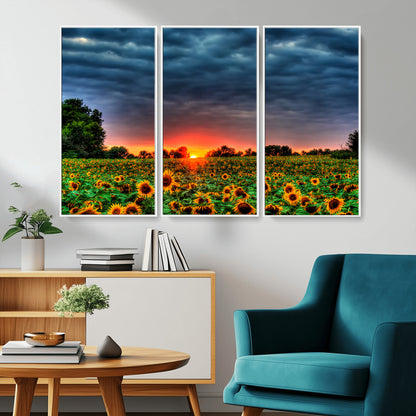 45045-MGV-CV-36X24-Sunflower Field Sunset Wall Art – Dramatic Stormy Sky Landscape Print, Vibrant Yellow Floral Nature Canvas for Living Room,
