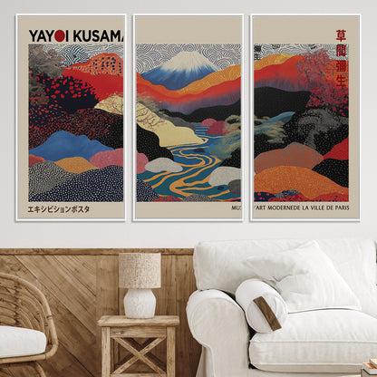 49228-MGV-FC-93X47-3P_Black-Kusama Wall Art – Vibrant Japanese Landscape Canvas Print, Modern Abstract Mountain and River Decor for Living Room, Office or Art