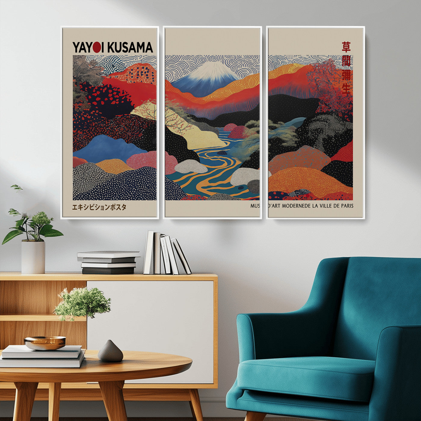 49228-MGV-FC-93X47-3P_Black-Kusama Wall Art – Vibrant Japanese Landscape Canvas Print, Modern Abstract Mountain and River Decor for Living Room, Office or Art