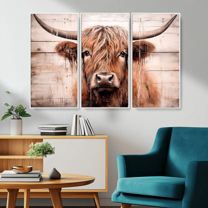 93730-MGV-FC-48X32-3P_White-Scottish Cow Wall Art Canvas Print, Framed Longhorn Cow Art Picture Print, Highland Cattle Perfect Rustic Farmhouse Decor Artwork