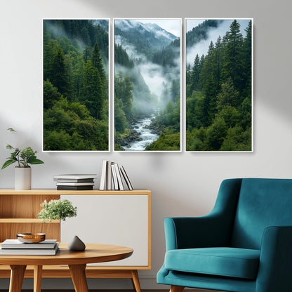 69453-MGV-CV-36X24-Mountain Forest Wall Art – Misty River and Evergreen Landscape Canvas Print, Nature Photography Poster for Living Room, Bedroom,