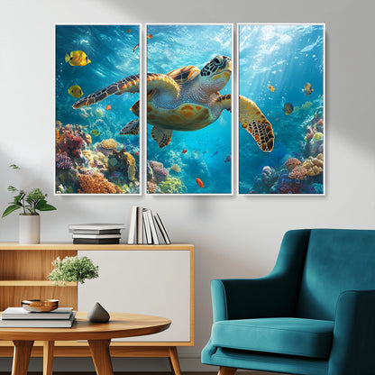 37623-MGV-CV-36X24-Sea Turtle Wall Art – Underwater Ocean Canvas Print with Coral Reef and Tropical Fish, Marine Life Painting Poster for Living