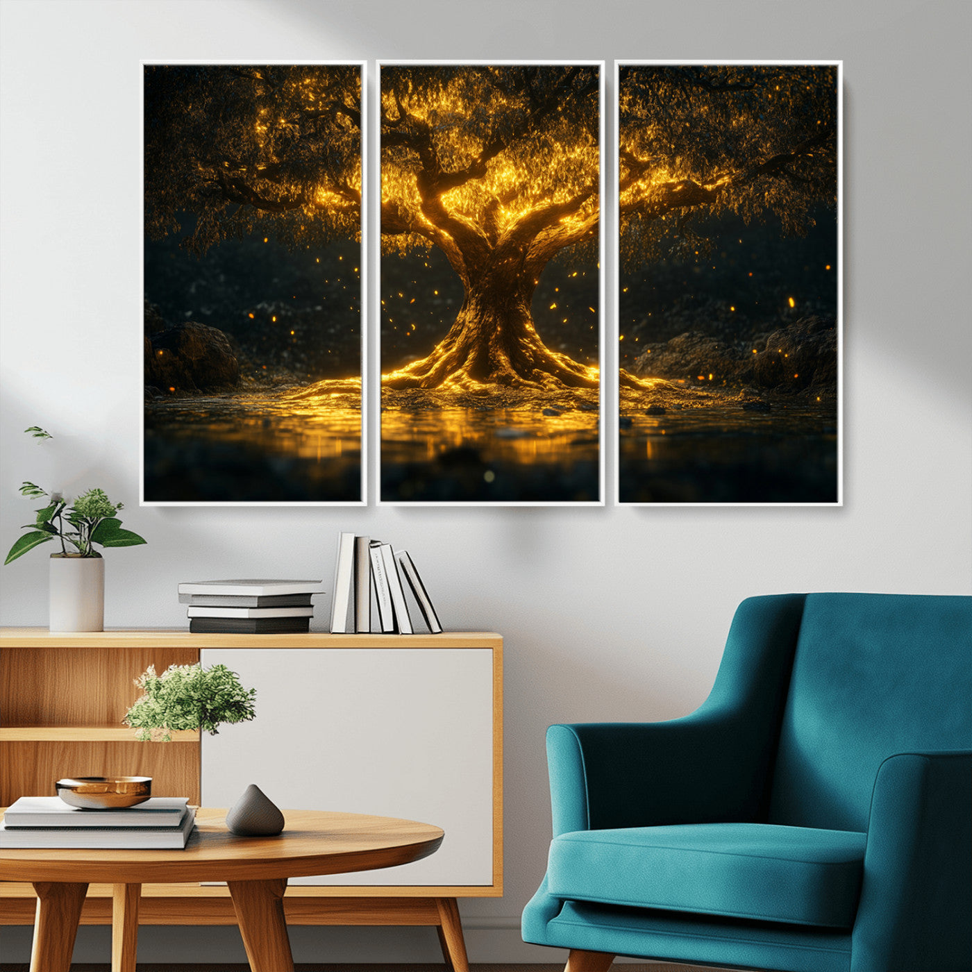 59580-MGV-FC-48X32-3P_White-Glowing Tree Wall Art – Golden Fantasy Nature Canvas Print, Mystical Illuminated Tree Painting Poster for Living Room, Bedroom,